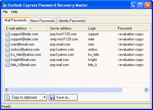 Click to view Outlook Express Password Recovery Master 1.2 screenshot