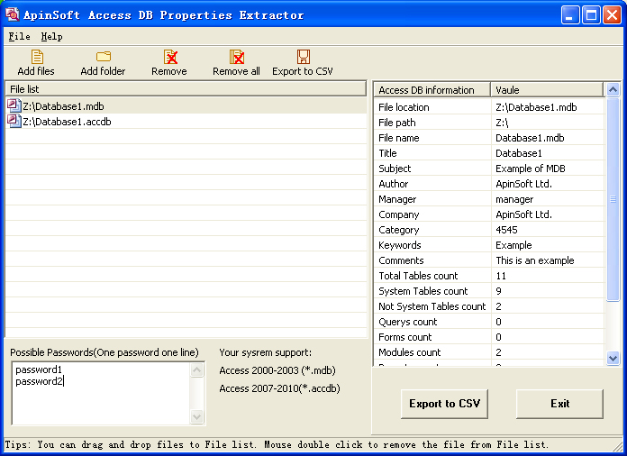 Click to view ApinSoft Access DB Properties Extractor 3.37 screenshot
