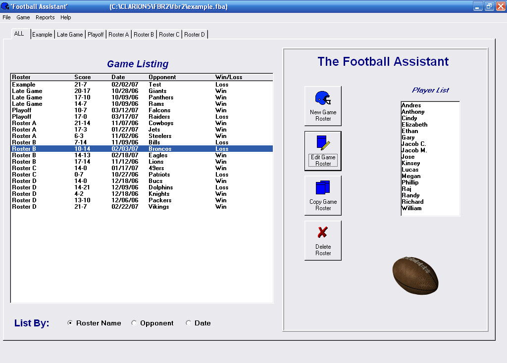 Click to view Football Roster Organizer 1.2 screenshot