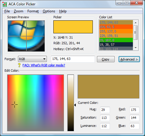Click to view ACA Color Picker 2.01 screenshot