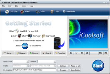Click to view iCoolsoft DVD to BlackBerry Converter 3.1.10 screenshot
