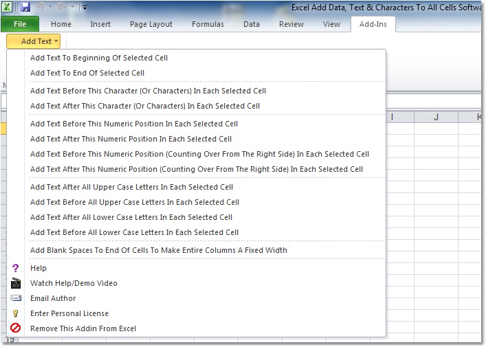 Click to view Excel Add Data, Text & Characters To All Cells Sof 7.0 screenshot