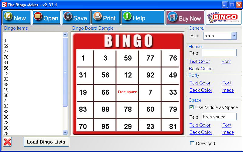 Click to view The Bingo Maker 6.0 screenshot