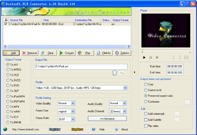 Click to view Boilsoft FLV Converter 1.52.9 screenshot