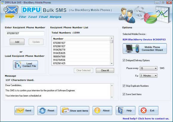 Click to view Free Bulk SMS Software For BlackBerry 6.0.1.4 screenshot