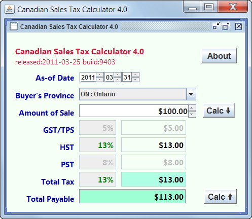 Click to view Canadian Sales Tax Calculator 4.4 screenshot