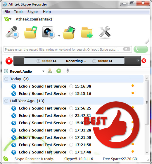 Click to view AthTek Skype Recorder 6.12 screenshot