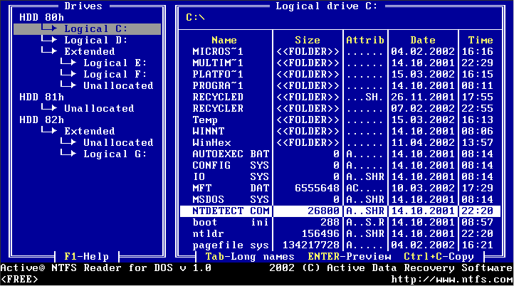 Click to view NTFS Reader for DOS 1.0 screenshot