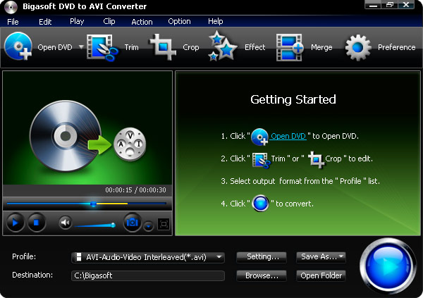 Click to view Bigasoft DVD to AVI Converter 3.1.11.4743 screenshot