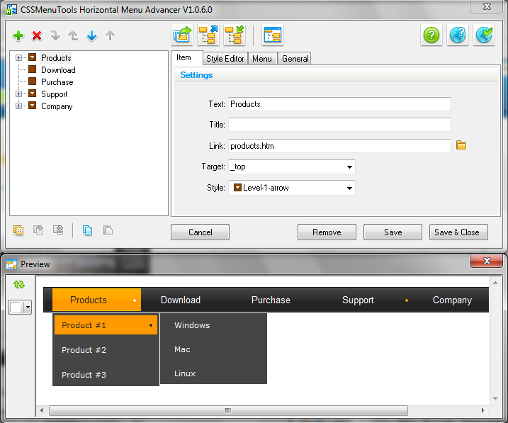 Click to view Horizontal Menu Advancer for Dreamweaver 2.1.1.1 screenshot
