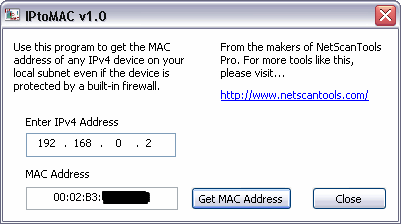 Click to view IPtoMAC 1.00 screenshot
