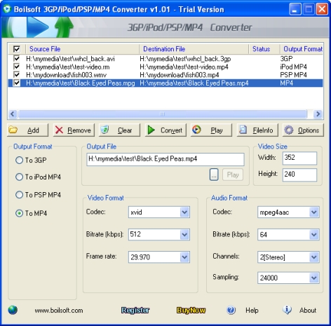 Click to view Boilsoft 3GP/iPod/PSP/MP4 Converter 1.21 screenshot