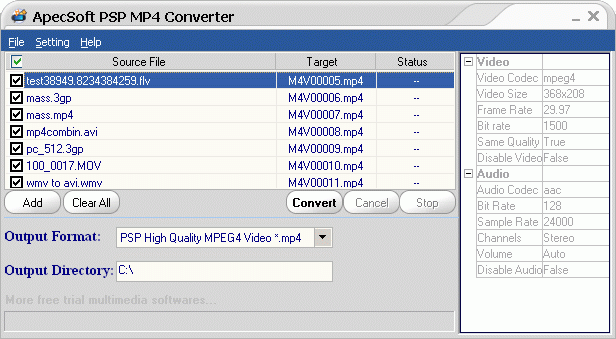 Click to view ApecSoft PSP MP4 Converter 1.36 screenshot