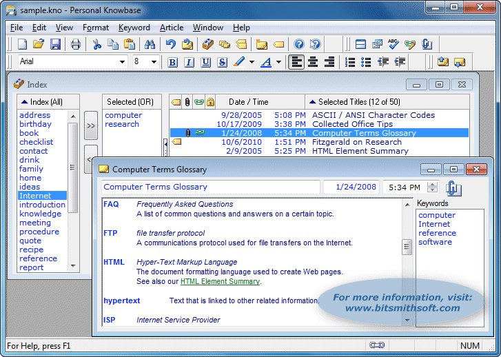 Click to view Personal Knowbase information manager 3.2.6 screenshot