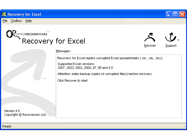 Click to view Recovery for Excel 6.0.19635 screenshot