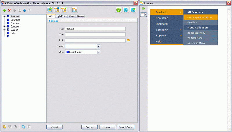 Click to view Vertical Menu Advancer for Dreamweaver 2.0.2.2 screenshot