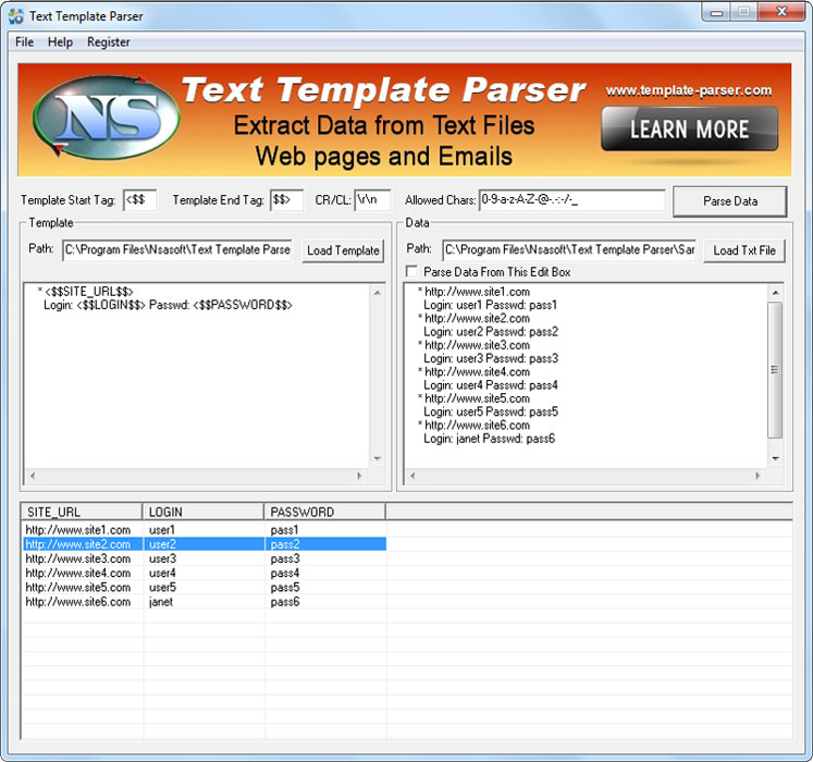 Click to view Text Template Parser 2.4.5 screenshot