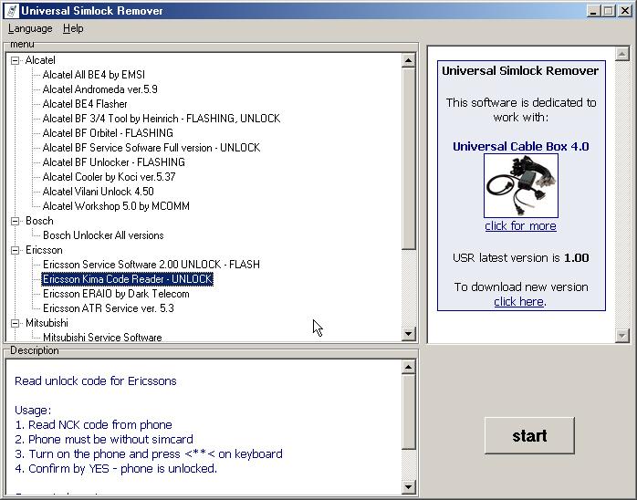 Click to view Universal Simlock Remover 1.09 screenshot