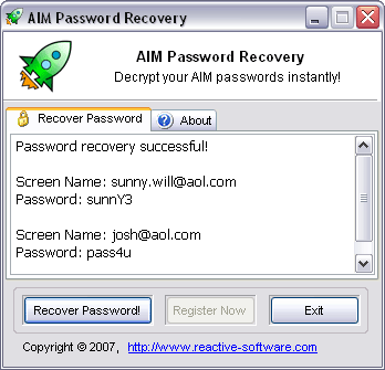 Click to view AIM Password Recovery 1.06.09.07 screenshot