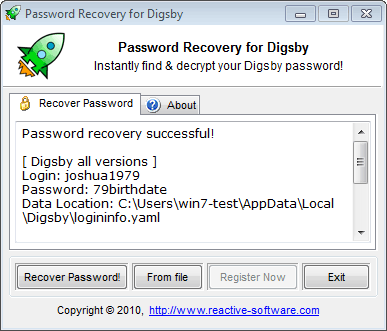 Click to view Password Recovery for Digsby 1.03.03.10 screenshot