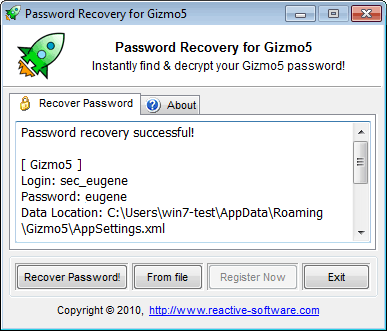 Click to view Password Recovery for Gizmo5 1.17.02.10 screenshot