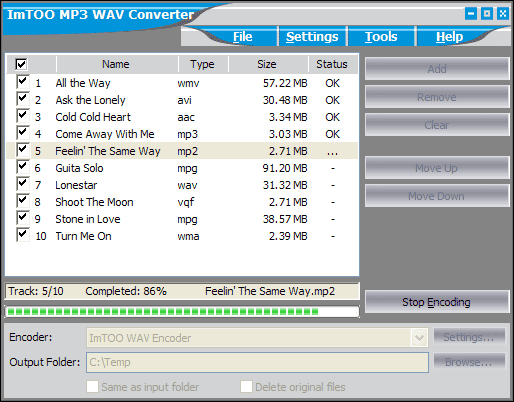 Click to view ImTOO MP3 WAV Converter 2.1.79.0302 screenshot