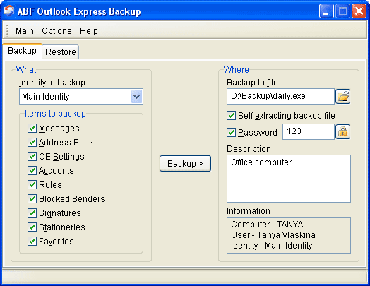 Click to view ABF Outlook Express Backup 2.75 screenshot