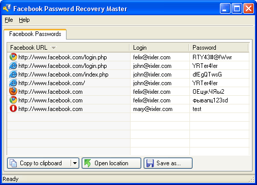 Click to view Facebook Password Recovery Master 1.0 screenshot