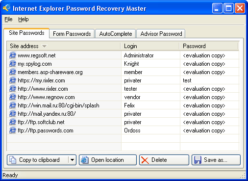 Click to view Internet Explorer Password Recovery Master 2.0 screenshot