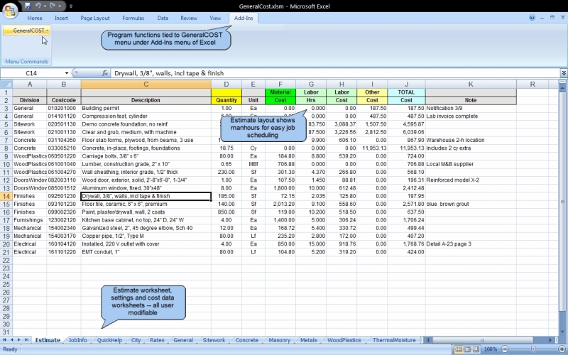 Click to view GeneralCOST Estimator for Excel 13.2 screenshot