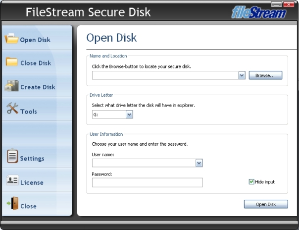 Click to view FileStream Secure Disk 1.7.1.0.2010 screenshot
