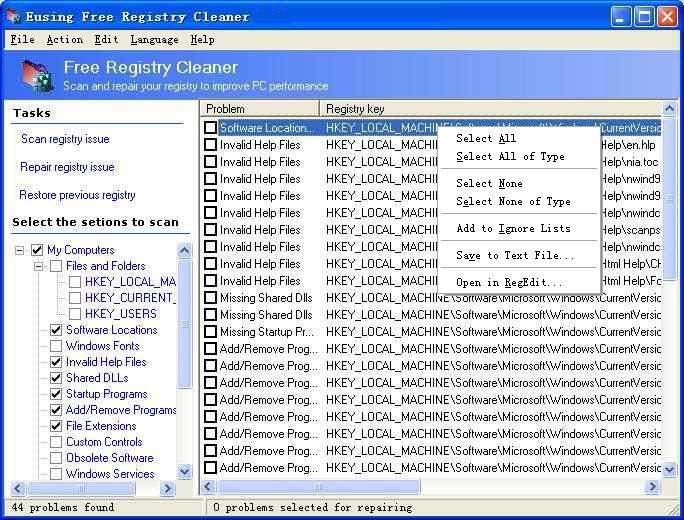Click to view Eusing Free Registry Cleaner 3.5 screenshot