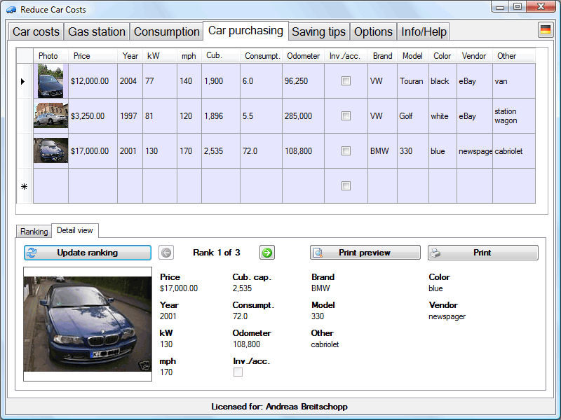 Click to view Reduce Car Costs 1.2.3 screenshot