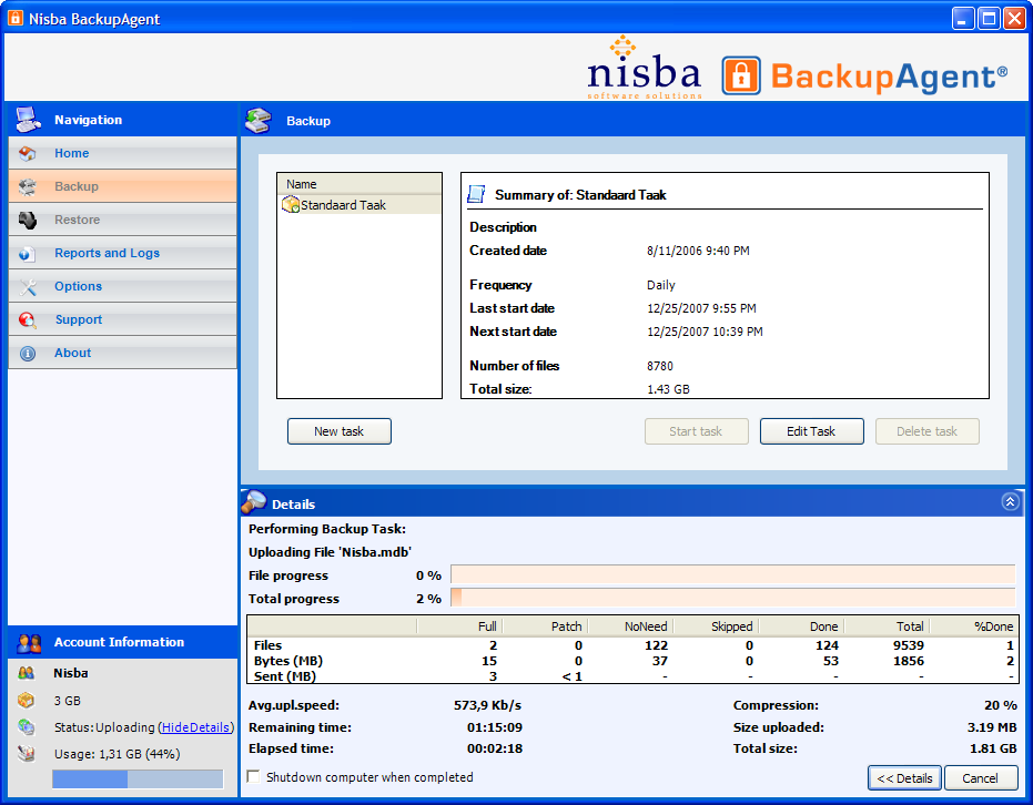 Click to view Nisba BackupAgent 1GB subscription 3.13.1.1 screenshot