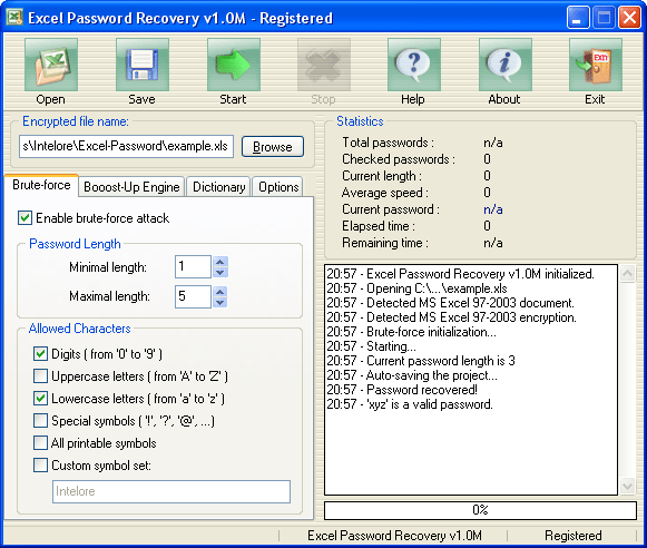 Click to view Excel Password Recovery 1.0M screenshot