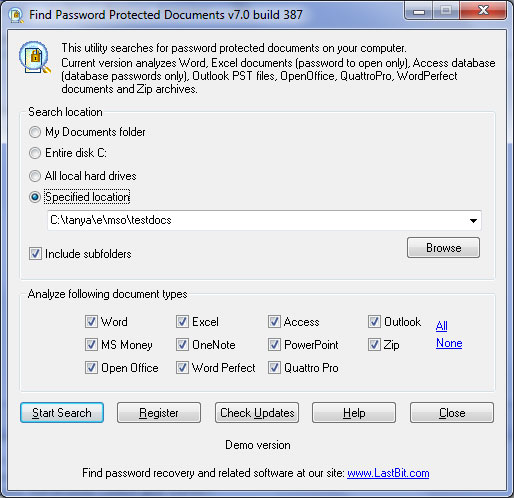 Click to view Find Password Protected Documents 7.0.387 screenshot