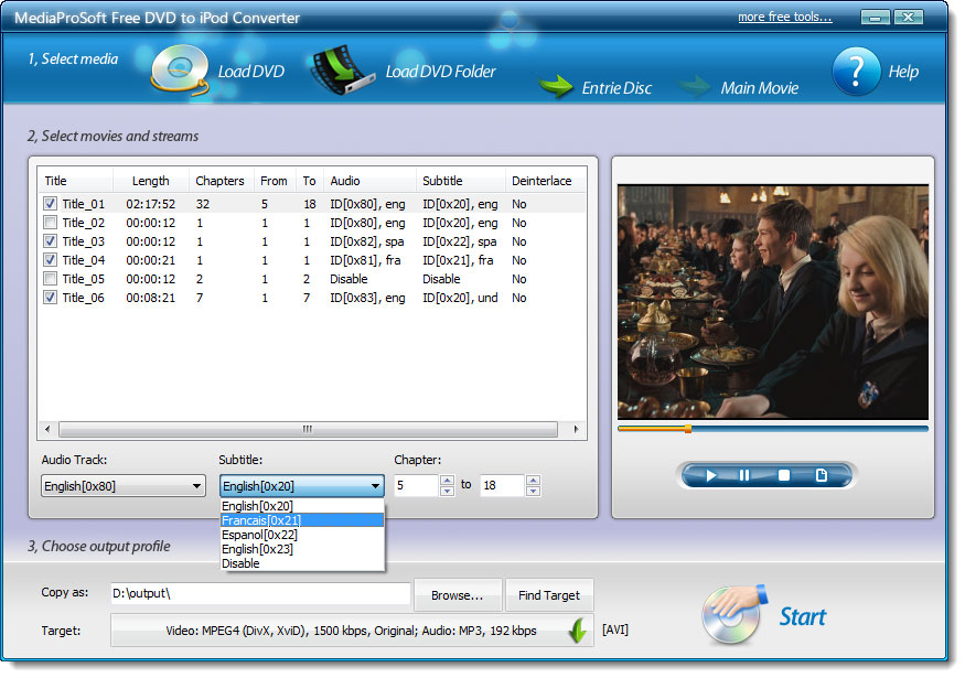Click to view MediaProSoft Free DVD to iPod Converter 7.9.8 screenshot