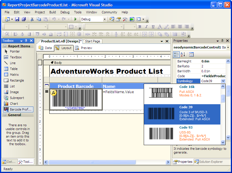 Click to view MS SQL Reporting Services Barcode .NET 7.0 screenshot