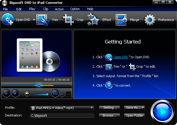 Click to view Bigasoft DVD to iPad Converter 3.1.11.4743 screenshot