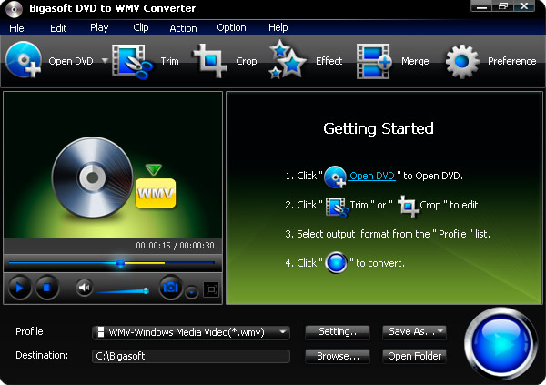 Click to view Bigasoft DVD to WMV Converter 3.1.11.4743 screenshot