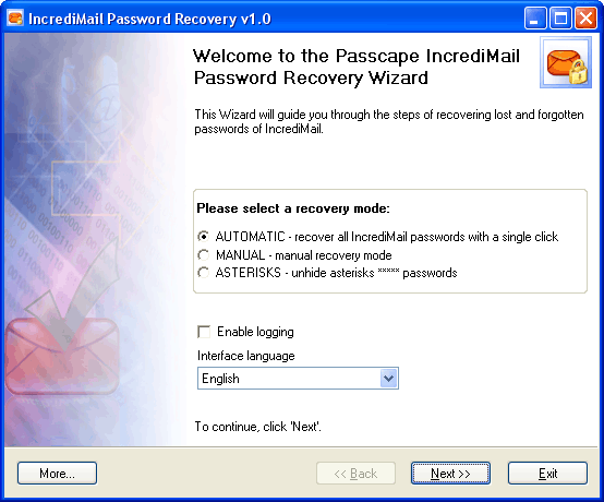 Click to view IncrediMail Password Recovery 1.5.0 screenshot