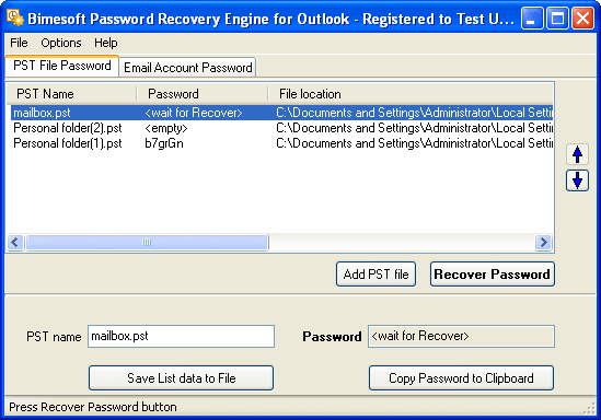 Click to view Password Recovery Engine for Outlook 1.4 screenshot