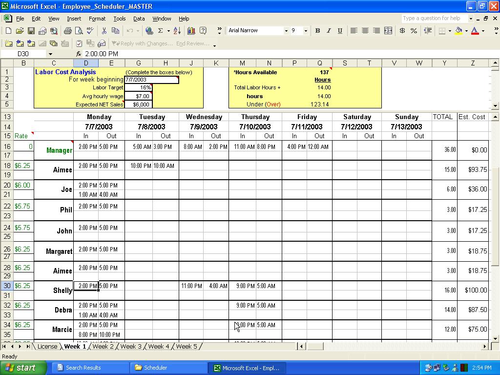 Click to view Employee Scheduler for Excel and OpenOffice 2.1 screenshot