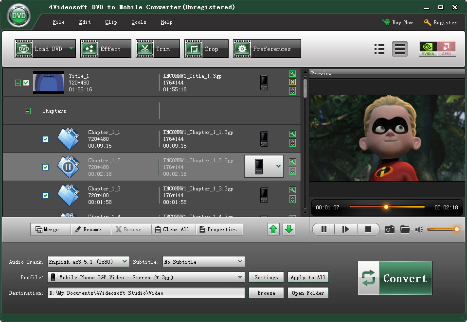 Click to view 4Videosoft DVD to Mobile Converter 3.1.08 screenshot