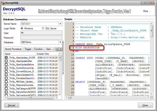 Click to view DecryptSQL 3.7.0 screenshot