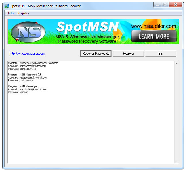 Click to view SpotMSN Password Recover 2.4.6 screenshot