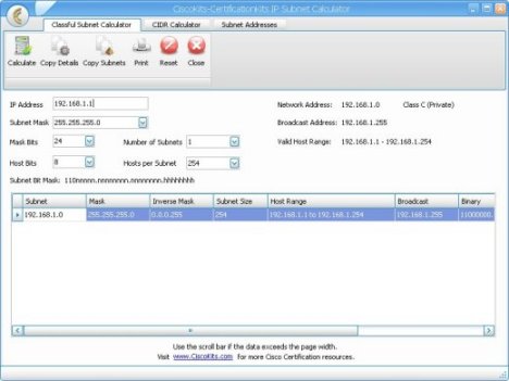 Click to view CiscoKits CCNA Subnet Calculator 1.0 screenshot