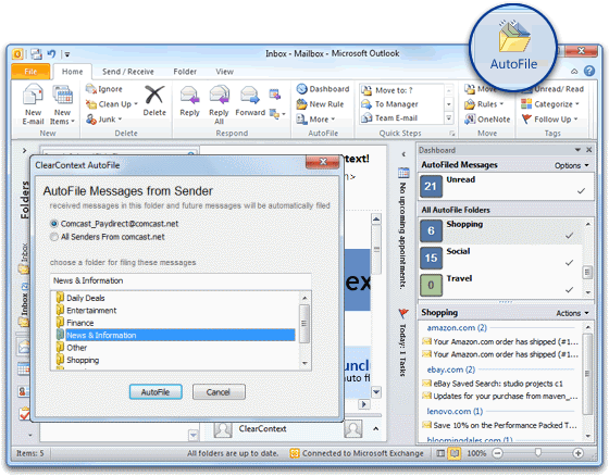 Click to view AutoFile for Microsoft Outlook 6.0.1 screenshot