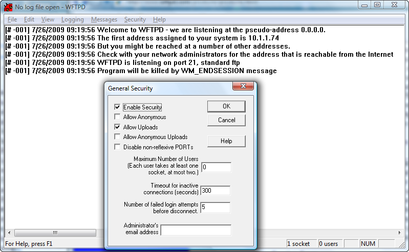 Click to view WFTPD - Windows FTP Server 3.10R1 screenshot