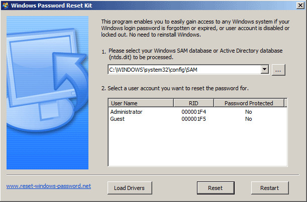 Click to view Windows Password Reset Kit 1.5 screenshot